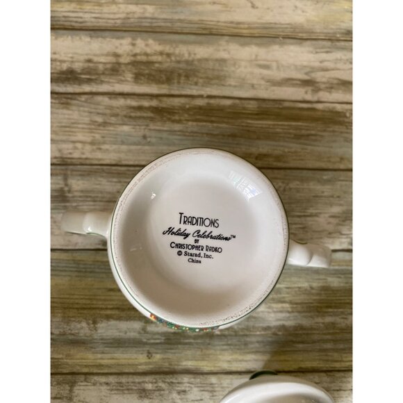 Radko Traditions Christmas Tree Sugar Bowl w/ Lid Green Trim 2000s - Picture 10 of 12